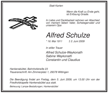Todesanzeige von Alfred Schulze von ALLGEMEINE ZEITUNG UELZEN