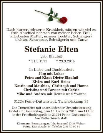 Todesanzeige von Stefanie Elten von Uelzen