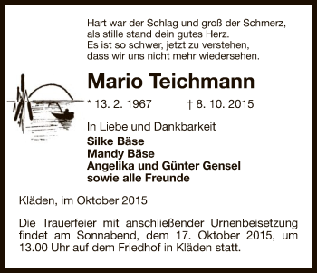 Todesanzeige von Mario Teichmann von Uelzen