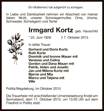 Todesanzeige von Irmgard Kortz von Uelzen