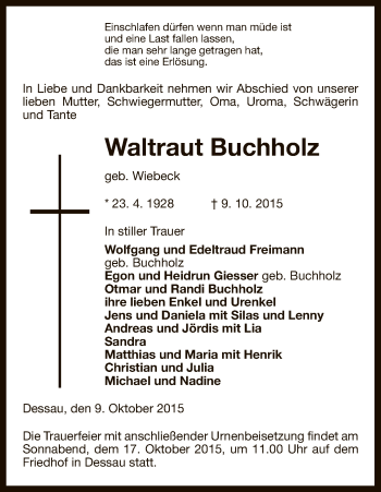 Todesanzeige von Waltraut Buchholz von Uelzen