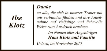 Todesanzeige von Ilse Klotz von Uelzen