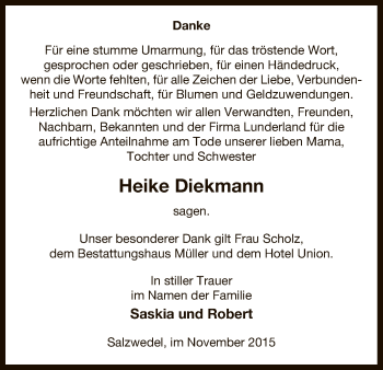Todesanzeige von Heike Diekmann von Uelzen