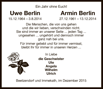 Todesanzeige von Uwe und Armin Berlin von Uelzen