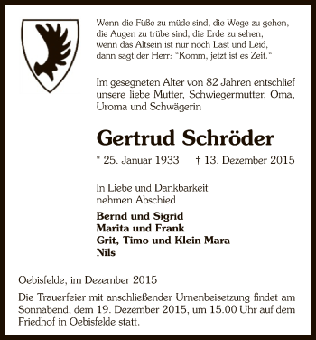 Todesanzeige von Gertrud Schröder von Uelzen
