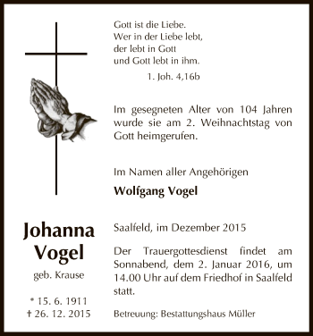 Todesanzeige von Johanna Vogel von Uelzen
