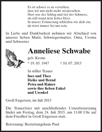 Todesanzeige von Anneliese Schwabe von Uelzen