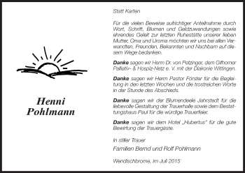 Todesanzeige von Henni Pohlmann von Uelzen