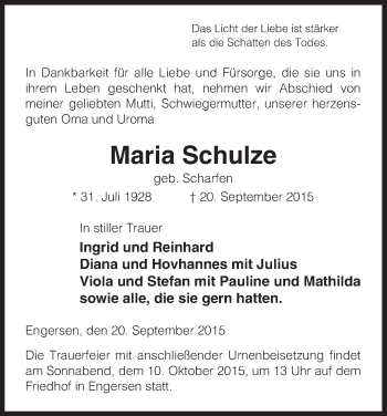 Todesanzeige von Maria Schulze von Uelzen