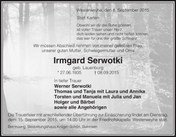 Todesanzeige von Irmgard Serwotki von Uelzen