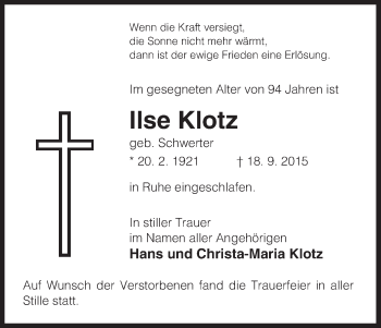 Todesanzeige von Ilse Klotz von Uelzen
