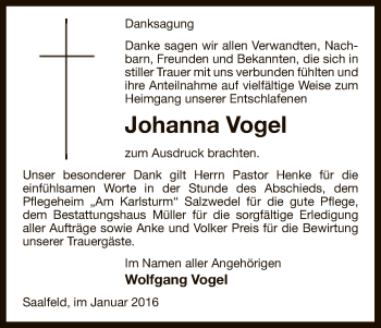 Todesanzeige von Johanna Vogel von Uelzen