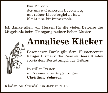 Todesanzeige von Annaliese Käcker von Uelzen