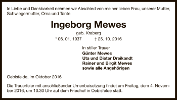 Todesanzeige von Ingeborg Mewes von Uelzen