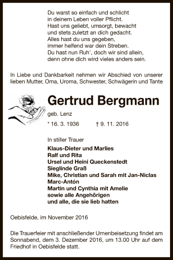 Todesanzeige von Gertrud Bergmann von Uelzen