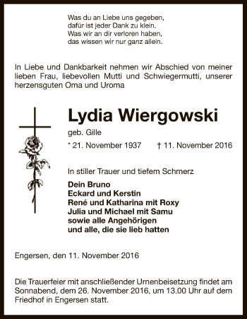 Todesanzeige von Lydia Wiergowski von Uelzen