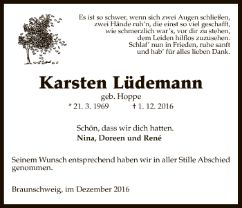 Todesanzeige von Karsten Lüdemann von Uelzen