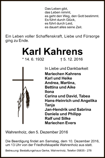 Todesanzeige von Karl Kahrens von Uelzen