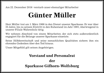Todesanzeige von Günter Müller von Uelzen