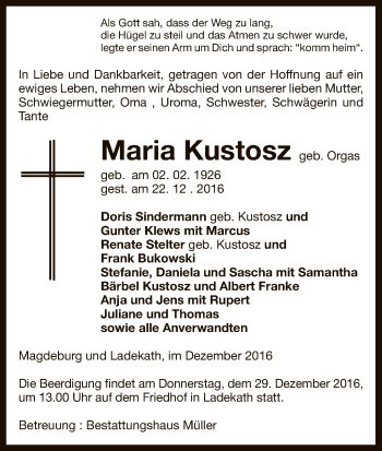 Todesanzeige von Maria Kustosz von Uelzen