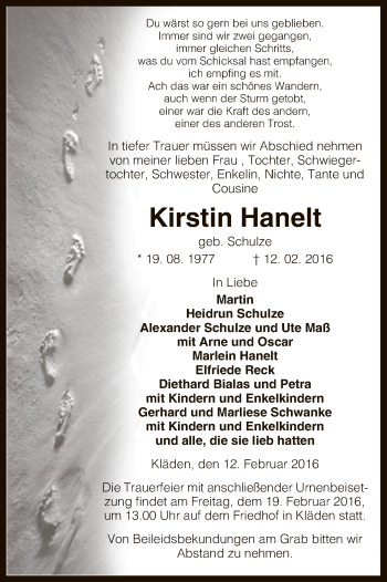 Todesanzeige von Kirstin Hanelt von Uelzen