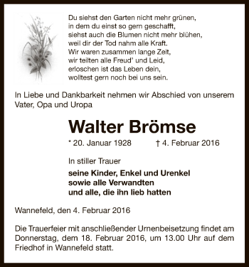 Todesanzeige von Walter Brömse von Uelzen