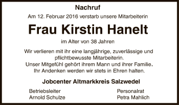 Todesanzeige von Kirstin Hanelt von Uelzen