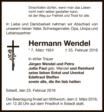Todesanzeige von Hermann Wendel von Uelzen
