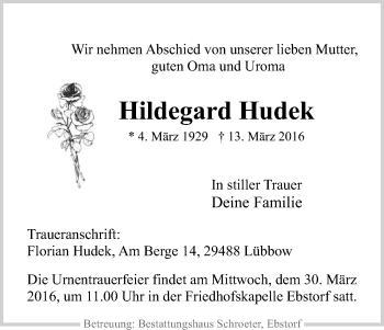 Todesanzeige von Hildegard Hudek von Uelzen