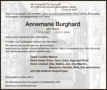 Todesanzeige von Annemarie Burghard von Uelzen