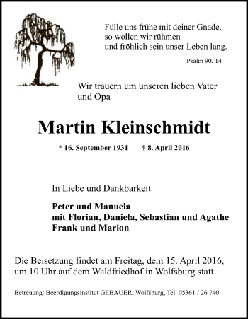 Todesanzeige von Martin Kleinschmidt von Uelzen