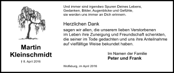 Todesanzeige von Martin Kleinschmidt von Uelzen