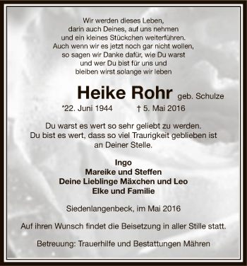 Todesanzeige von Heike Rohr von Uelzen