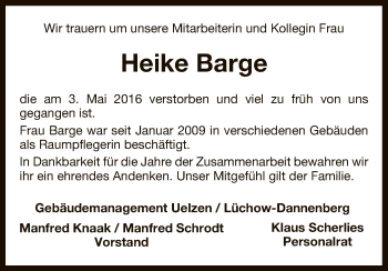 Todesanzeige von Heike Barge von Uelzen