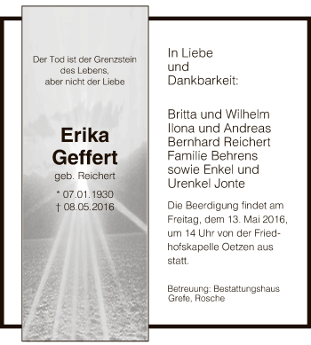 Todesanzeige von Erika Geffert von Uelzen