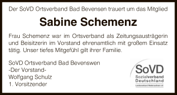 Todesanzeige von Sabine Schemenz von Uelzen