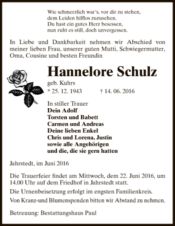 Todesanzeige von Hannelore Schulz von Uelzen