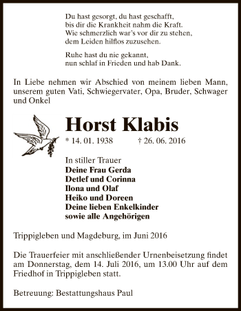 Todesanzeige von Horst Klabis von Uelzen