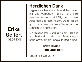 Todesanzeige von Erika Geffert von Uelzen