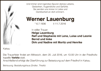 Todesanzeige von Werner Lauenburg von Uelzen