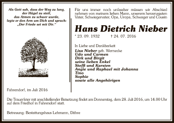 Todesanzeige von Hans Dietrich Nieber von Uelzen