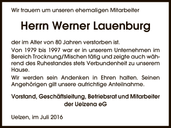 Todesanzeige von Werner Lauenburg von Uelzen