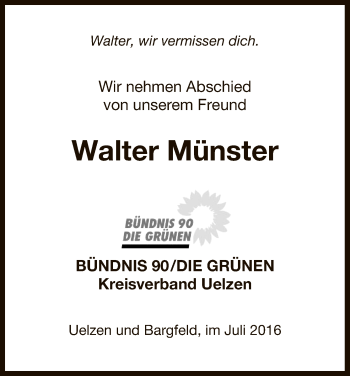 Todesanzeige von Walter Münster von Uelzen