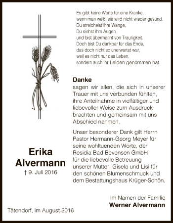 Todesanzeige von Erika Alvermann von Uelzen
