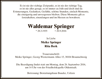 Todesanzeige von Waldemar Springer von Uelzen