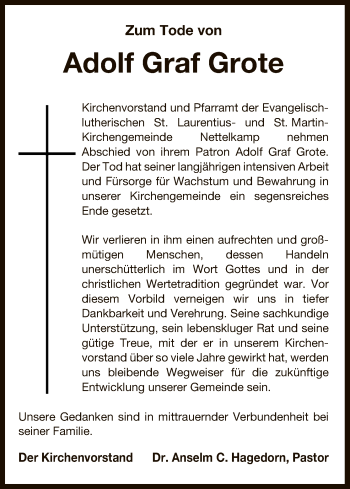 Todesanzeige von Adolf Graf Grote von Uelzen