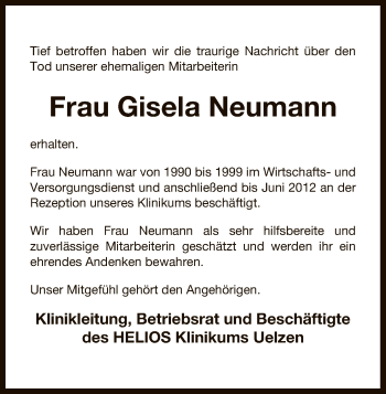 Todesanzeige von Gisela Neumann von Uelzen