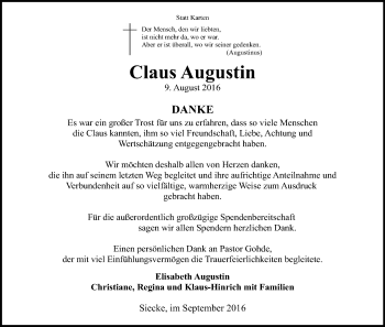 Todesanzeige von Claus Augustin von Uelzen