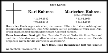 Todesanzeige von Karl und Mariechen Kahrens von Uelzen
