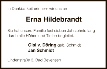 Todesanzeige von Erna Hildebrand von Uelzen